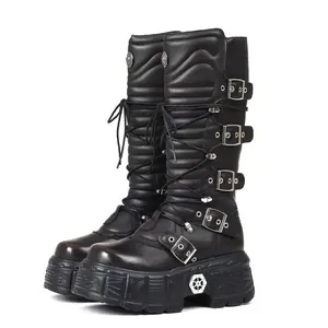 Womens Mid Calf Boots Platform Heels Rounded Toe Goth Combat Boot Fashionable Rock Metal Dark Punk Style Motorcycle Boots Lace-Up Buckle Design Side Zipper Flatform Outing Concert Festival Motorcycle Ride Autumn Fall Winter Shoes