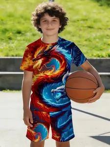 2PCS Boys Sports Short Sleeve & Shorts Set, Lightweight & Breathable, Summer Daily Casual Wear For Kids, Tee Shorts Set