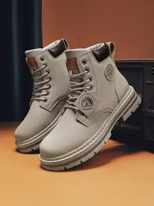 Men's Fall Winter Breathable Lace-Up High-Top Ankle Boots, Adjustable Elastic Retro British Style Work Shoes, Thick Sole Short Boots