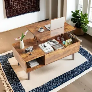 Wood Lift Top Coffee Table with Hidden Compartment & Adjustable Storage Shelf for Living Room Office Rustic Oak Design Simple Style Practical Lift Top Design Spacious Storage Easy Assembly