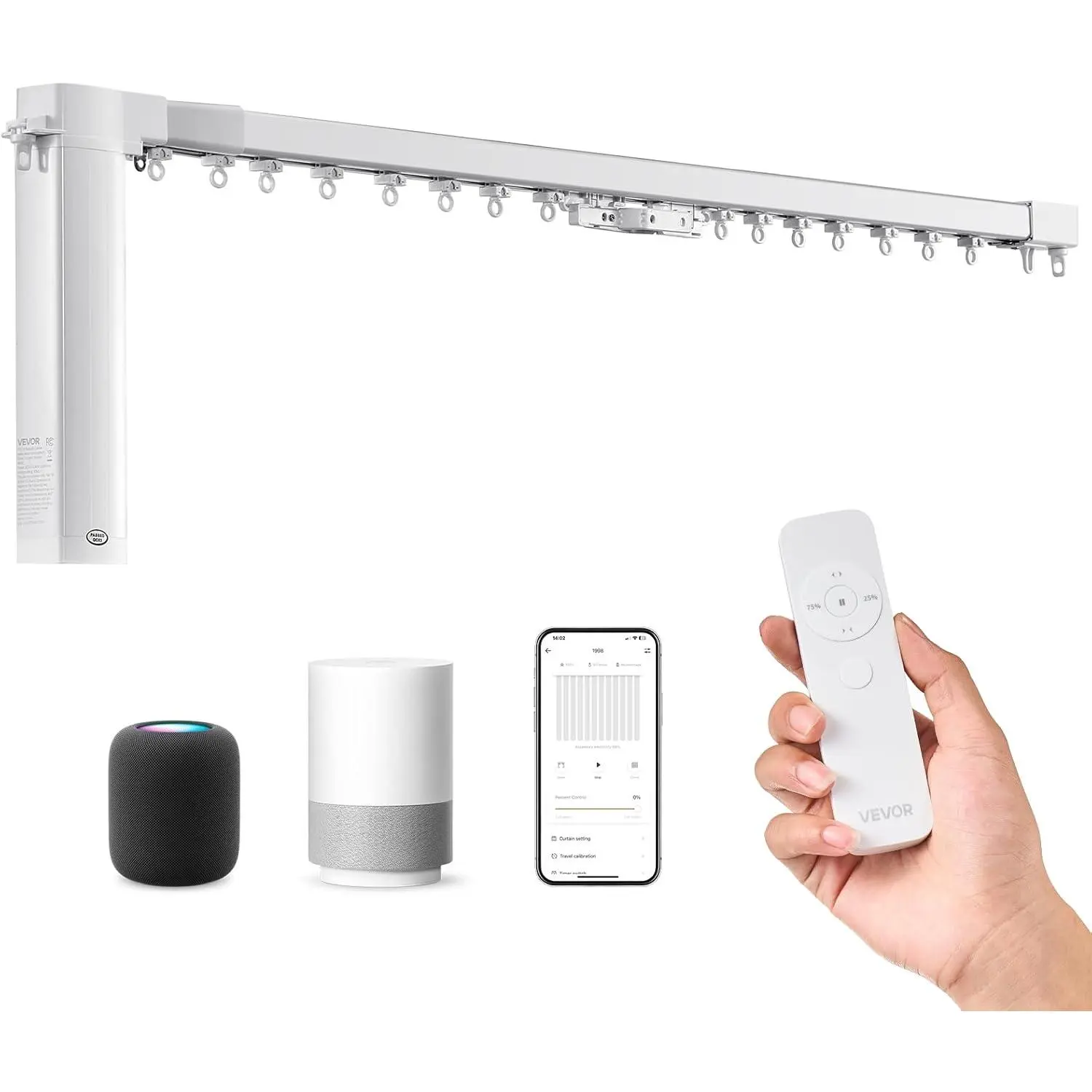 VEVOR Smart Electric Curtain Track, 71-118 in Adjustable Length Motorized Rod with Remote, Flexible Mount (Ceiling/Wall), Automated System for Living Rooms,Apartments,Bedrooms,Indoor Use, Compatible with Alexa,Google Home,App Control, 9.8 Ft Retractable