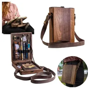 Handmade Wooden Writer's Messenger Box - Multifunctional Crossbody Messenger Bag with 2 90-degree Support Hinges, 2 Vintage Clips, 3 Elastic Bands, 5 Elastic Loops, Portable Artist Tool Storage, Painting Brush Holder, Sketch Easel (Brown) | Men's Gifts, A