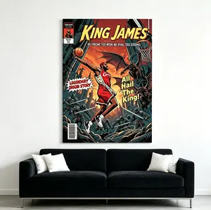 LeBron "King James" Comic-Style Basketball Poster, Cavaliers Dunk Art Print, NBA Legends Unframed Sports Canvas, Men's Room Decor, Basketball Fan Gift