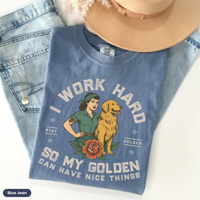 Comfort Colors Retro Golden Retriever T-Shirt, Golden Retriever Gift, Dog Mom TShirt, For Dog Retriever I Work Hard So My Golden Can Have Nice Things
