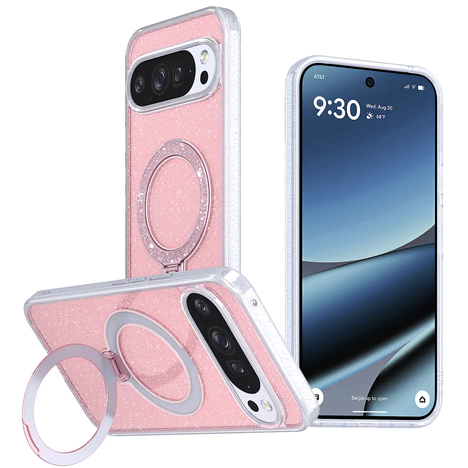 Glitter Magnetic Ring Stand Phone Case Accessories for Google Pixel 10 Pro XL - Pink Glitter Design, Secure Handheld Hold for Smartphones