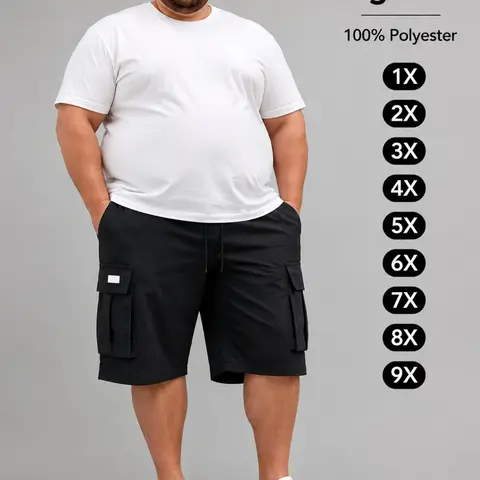 Large Size Men's Fashion Cargo Style Shorts, Plain Polyester Material, Multiple Pockets Design, Non-Elastic, Summer Daily Wear, Casual Streetwear Outdoor Shorts, Menswear