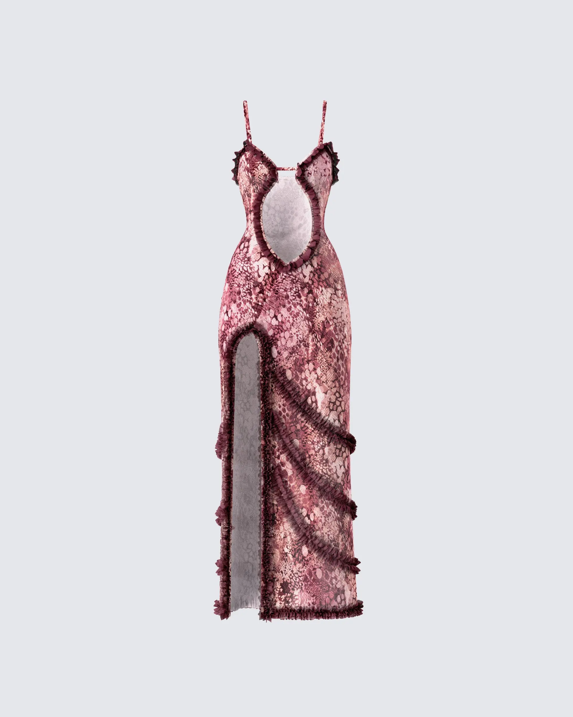 Women's Fitted Tie Dye Serpent Print Sleeveless Spaghetti Strap Maxi Dress - XL, Adjustable Straps, Ruffle Detail, Spandex Fabric, Straight Silhouette, V Neck, Formal Wear, High Thigh Slit, Front and Side Cutouts, for Nights When You Want All Eyes on You