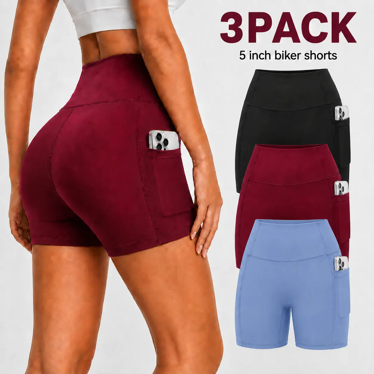 FireSwan 3-Pack Women's 5 in Biker Shorts with Pockets, High Waisted No Front Seam Workout Yoga Shorts, Buttery Soft Stretch Tummy Control Athletic Shorts