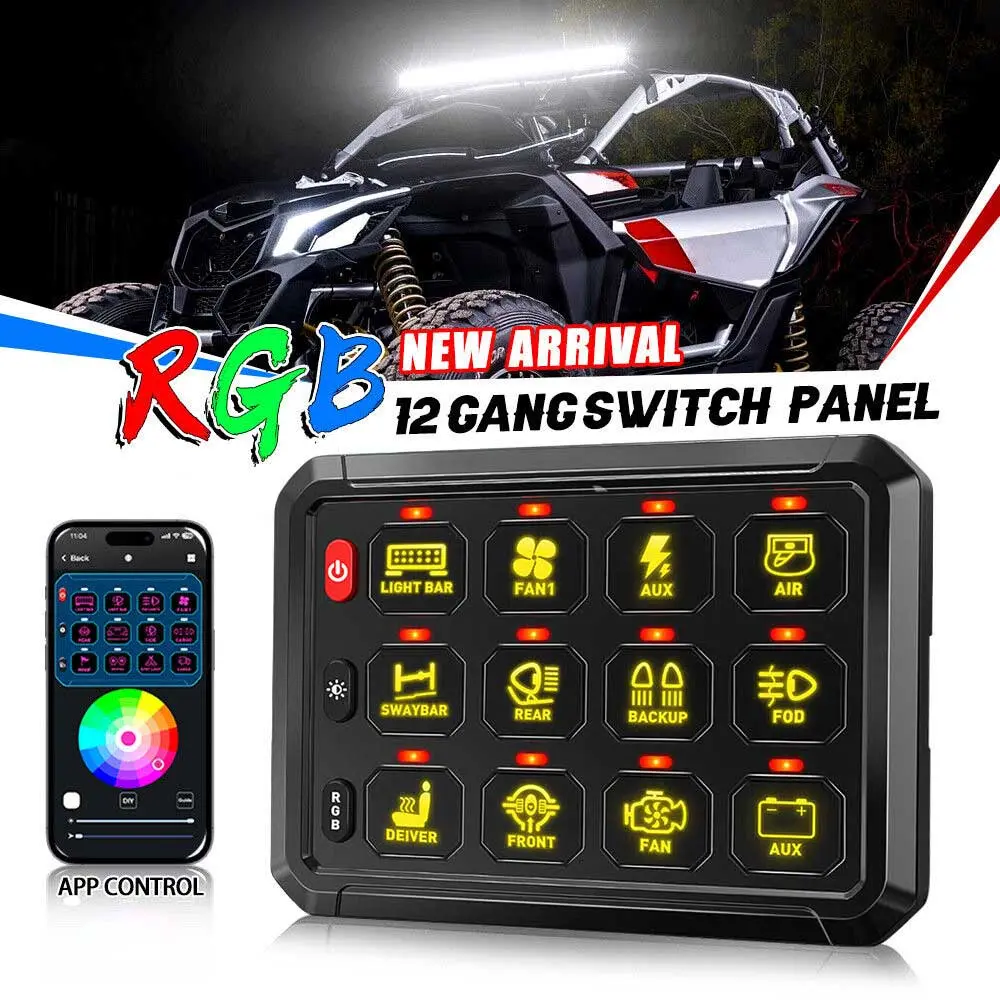 VASTFIRE 12-Gang RGB Light Switch Panel, 12V/24V Aluminum Waterproof Switch Box with Bluetooth App Control, 80A Circuit Breaker, 100A Relay, 140 Self-Adhesive Labels, 5 Spare Fuses, 1920W at 24V, Memory Mode for 4WDs, Off-Road Trucks, Caravans