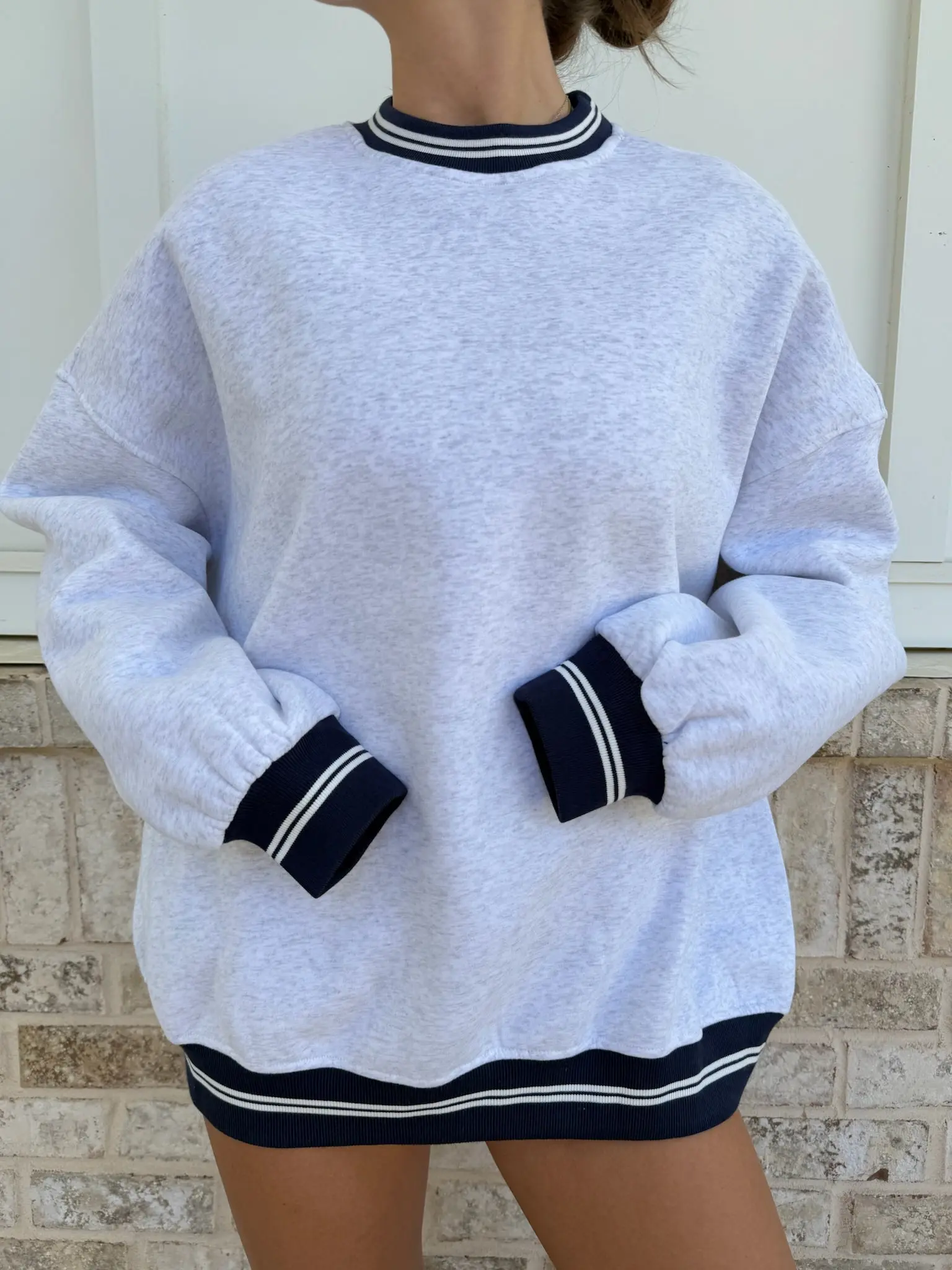 Blank Pearl Grey And Navy Preppy Crew Sweatshirt