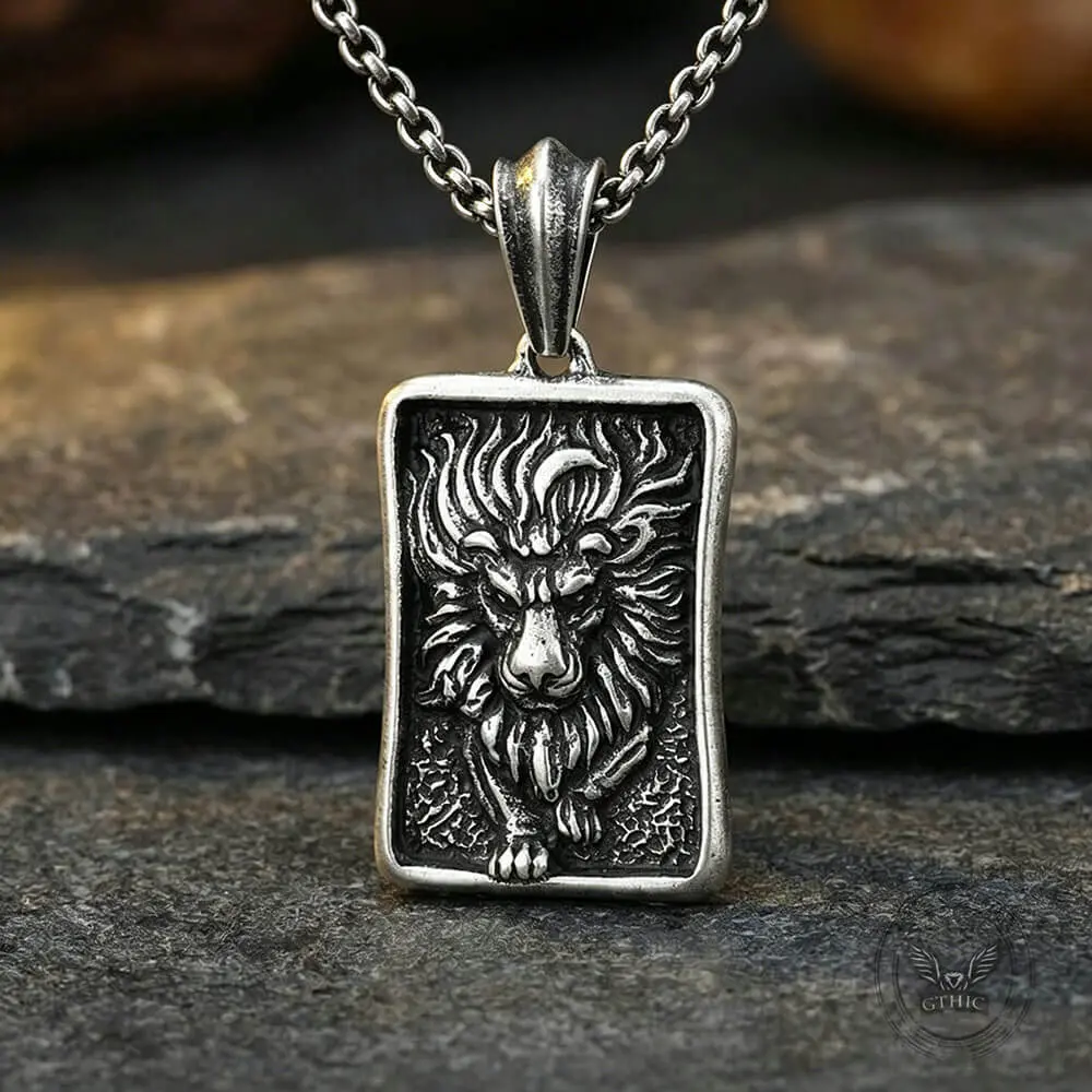 GTHIC Solid Square Framed Lion Stainless Steel Vintage Punk Animal Pendant - Hypoallergenic Baroque Travel Necklaces, Bold Trendy Statement Neck Accessory for Daily Urban Casual & Music Festivals, 41*26Mm