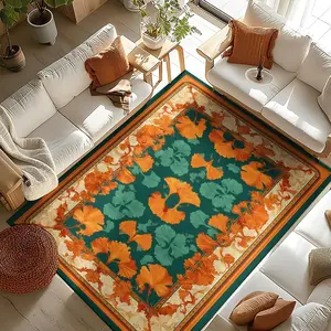 Vintage Ginkgo Leaf Living Room Rug, 1pc 2D Retro Design, Silver Color Carpet for Home Decor, Perfect for Lounge Areas