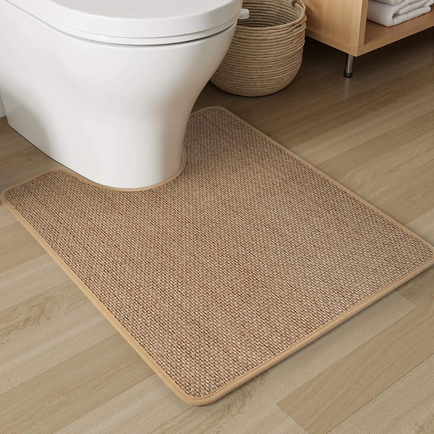 PADOOR Braided Toilet Rugs U Shaped, Non Slip Toilet Mats for Bathroom Floor Machine Washable Super Absorbent Contour Bath Rugs for Toilet Mat Quick Dry U Shaped Toilet Rug, 20''x24'' Beige