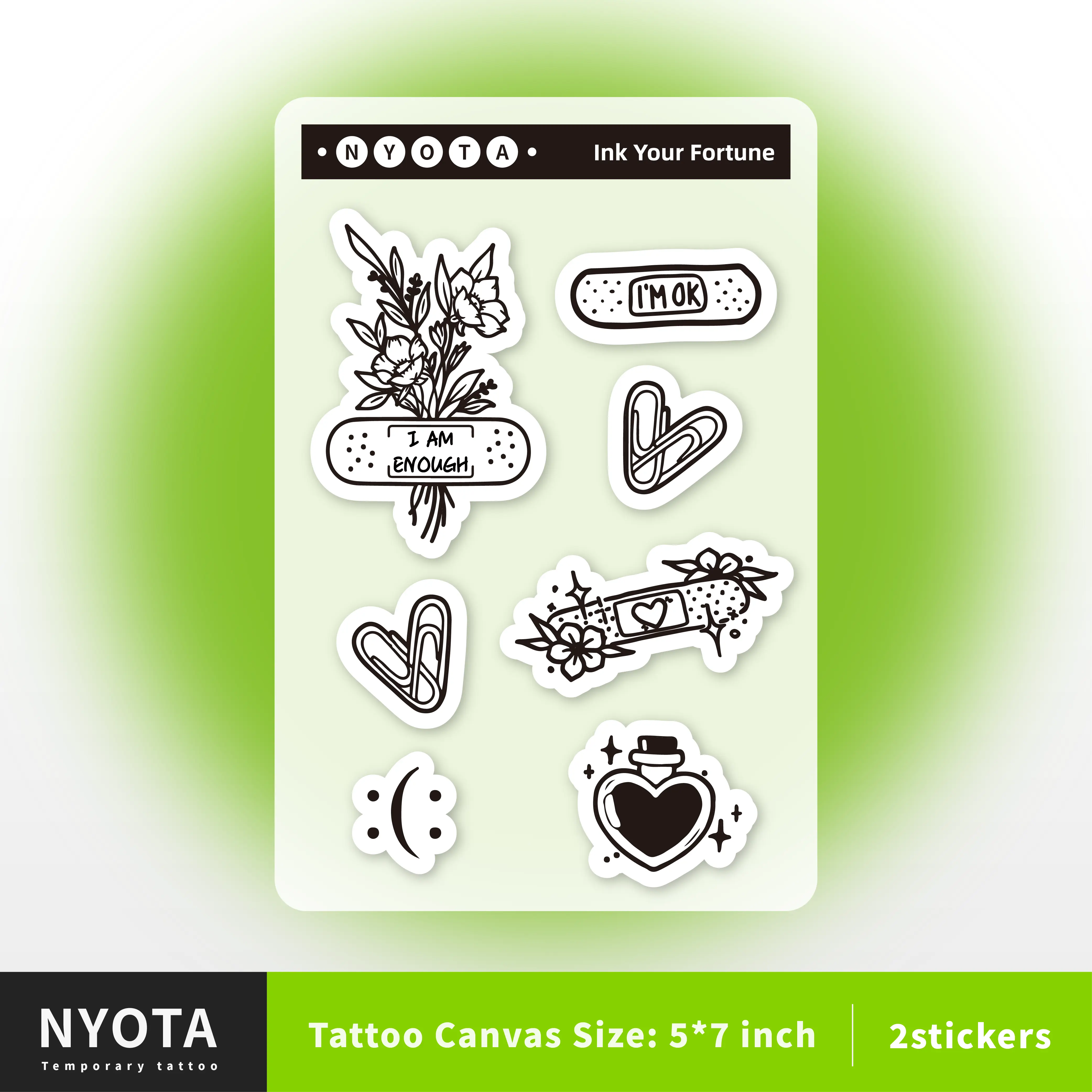 NYOTA Waterless Instant Tattoo Sticker - Healing aid 5x7 Inch Temporary Tattoos - 12 Stickers Included