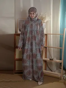 Women's Leopard Print Long Sleeve Dress with Hijab, Modest Casual Long Dress for Daily Wear, Ladies Islamic Clothing for All Seasons, Modest Muslim Outfits