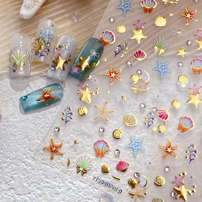 Seashell, Bow, Starfish Rhinestone, Glitter Rhinestones Nail Art Stickers, Decorative Nails, Hot Stamping Gold Deep-sea 5D Embossed Self-adhesive DIY Nail Decals, Nail Gems, Supplies and Charms for Women, Home Salon