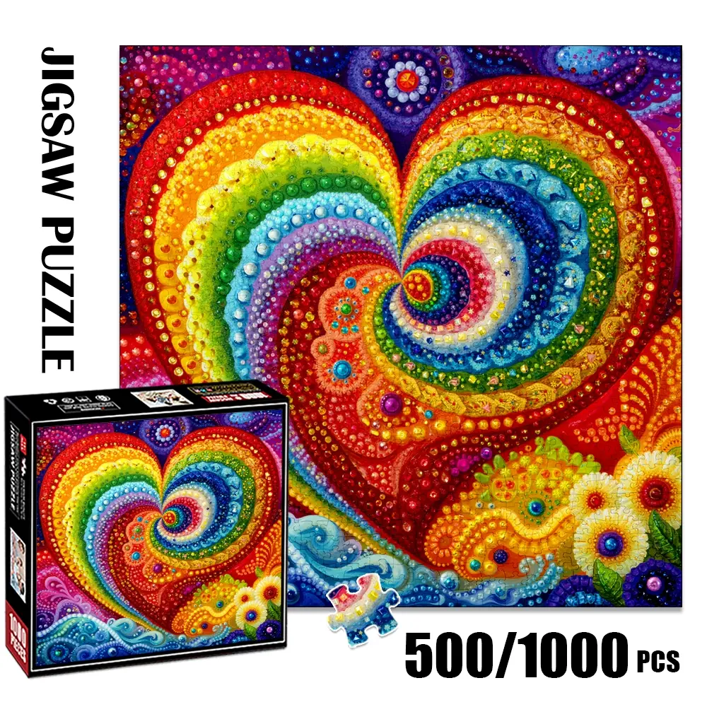 1pc 1000 piece adult Family Puzzle 58x58cm Rainbow - hued Heart with Swirl and Floral Elements 500 pieces paper jigsaw puzzle suitable for DIY creative games for adults and families, birthday and holiday