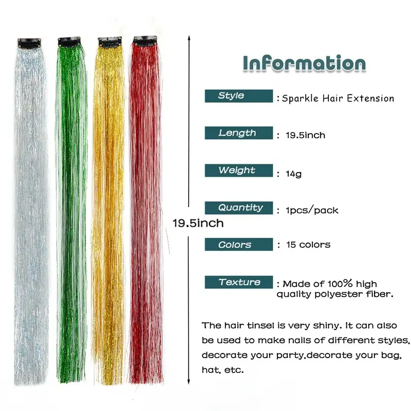 New 5Pcs/Pack Sparkle Hair Extensions Clip In Rainbow Shiny Sparkle Hair Tinsel Heat Resistant Sparkle Hair Extensions For Braids