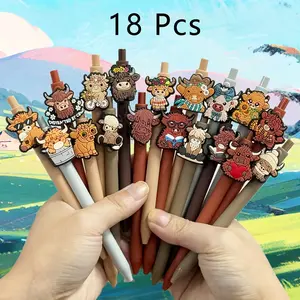[Cute Highland Cow Pen Set] 18pcs Cute Highland Cow Retractable Pen Set - Black Ink Cartoon Highland Cow Gift Set for School, Home, Office, Holiday Gifts, Accessories, Colleagues