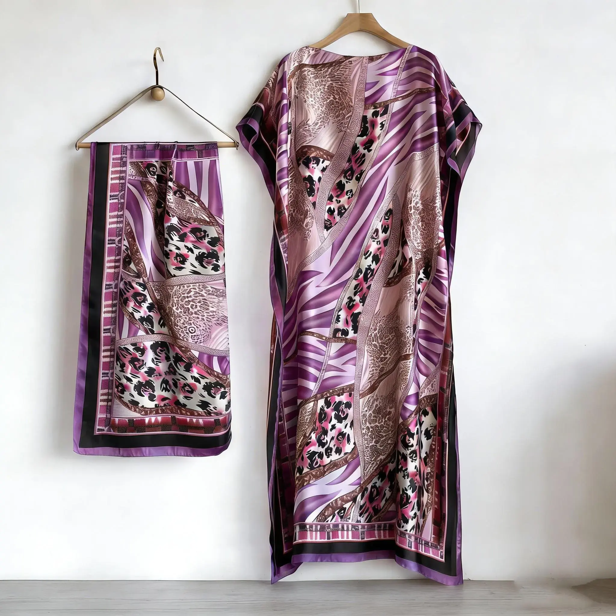 Women's 2-Piece Printed Long Scarf-Poncho Combo, Casual Soft Scarf, Fashion Shawl Wrap, Polyester All-Season Accessory, Beach Sun Protection Item