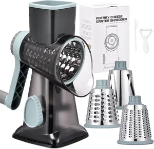 Rotary Cheese Grater with Handle Kitchen Shredder Slicer Grater Slicer Ice Shaver Cheese Vegetable Nuts Potato Zucchini Chocolate 3 Interchangeable Blades (GreyBlue
