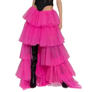 Women's High Waist High Low Layered Tulle Skirts Floor Length Ruffles Party Mesh Sheer Tutu Skirts for Halloween Costumes Spectial Occasion