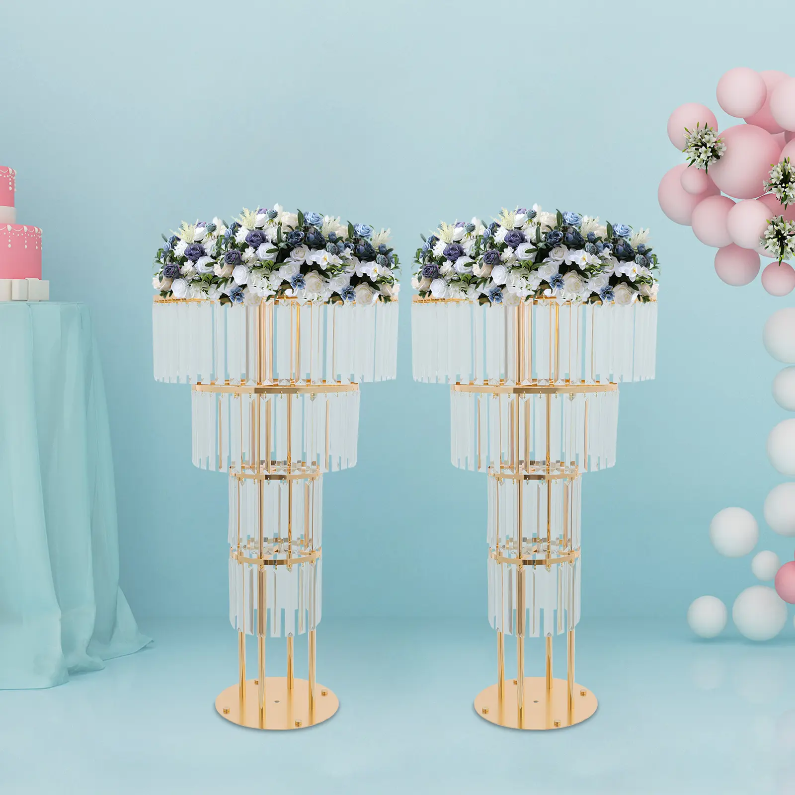 Gold Iron 4-Tier Round Flower Stand Set with Acrylic Crystal Pendants, 11 lbs Load Capacity, 35.4 in Tall Decorative Display Rack for Wedding Centerpieces, Home Living Room Decor