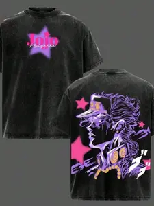 Men's Vintage Washed Anime Graphic T Shirt Y2K American Retro Style Star Purple Character Design Washed Cotton Oversized Loose Fit Casual Streetwear Tee Soft Comfortable Daily Wear Urban Fashion Top for Men