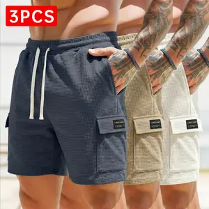 3-pack men’s waffle casual cargo pants with textured design, multiple pockets, elastic drawstring, comfortable and breathable; minimalist yet stylish—ideal for summer everyday wear, outings, and vacations.