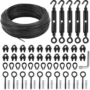 100FT All-Black PVC Coated Steel Cable Outdoor String Light Hanging Kit with Enough Accessories, Guide Wire for Outdoor Patio String Lights