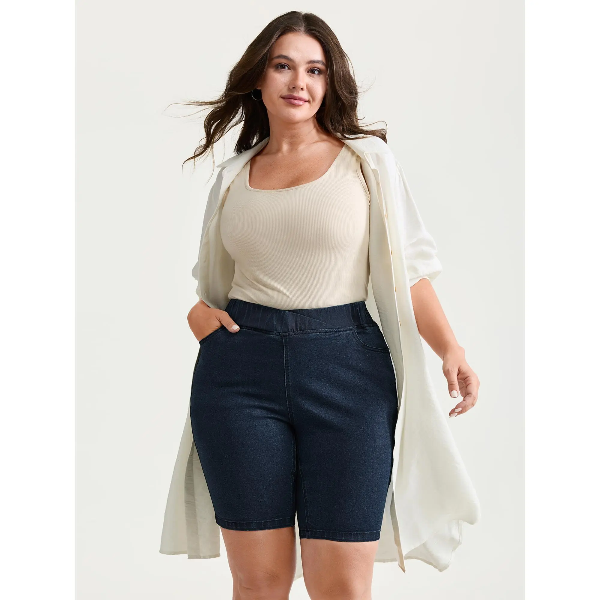 BLOOMCHIC Women's Plus Size Stretch Cotton Spandex Denim Shorts - Elastic Back Waistband, Skinny-Fit, Casual Garment, M-6X Sizing, 2026 Summer Turn-Up Above Knee Lady Bottoms, Summerfinds, Fabric, Plus Size Shorts, Stretch Denim Shorts