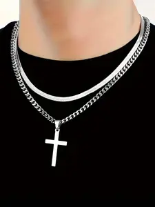 Men's Casual Trendy Cross Pendant Necklace & Chain Necklace, Stainless Steel Jewelry for Party, Daily Decor, Trendy All-match & Exquisite Jewelry for Birthday Gift, Fashion Jewelry Set