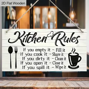1pc 2D Flat Classic Kitchen Rules Wooden Hanging Sign, Coffee Tableware & Kitchen Rules Design Decorative Plaque, Home Decorative Wall Art,  Kitchen Decoration,Unique Gift For Thanksgiving Christmas