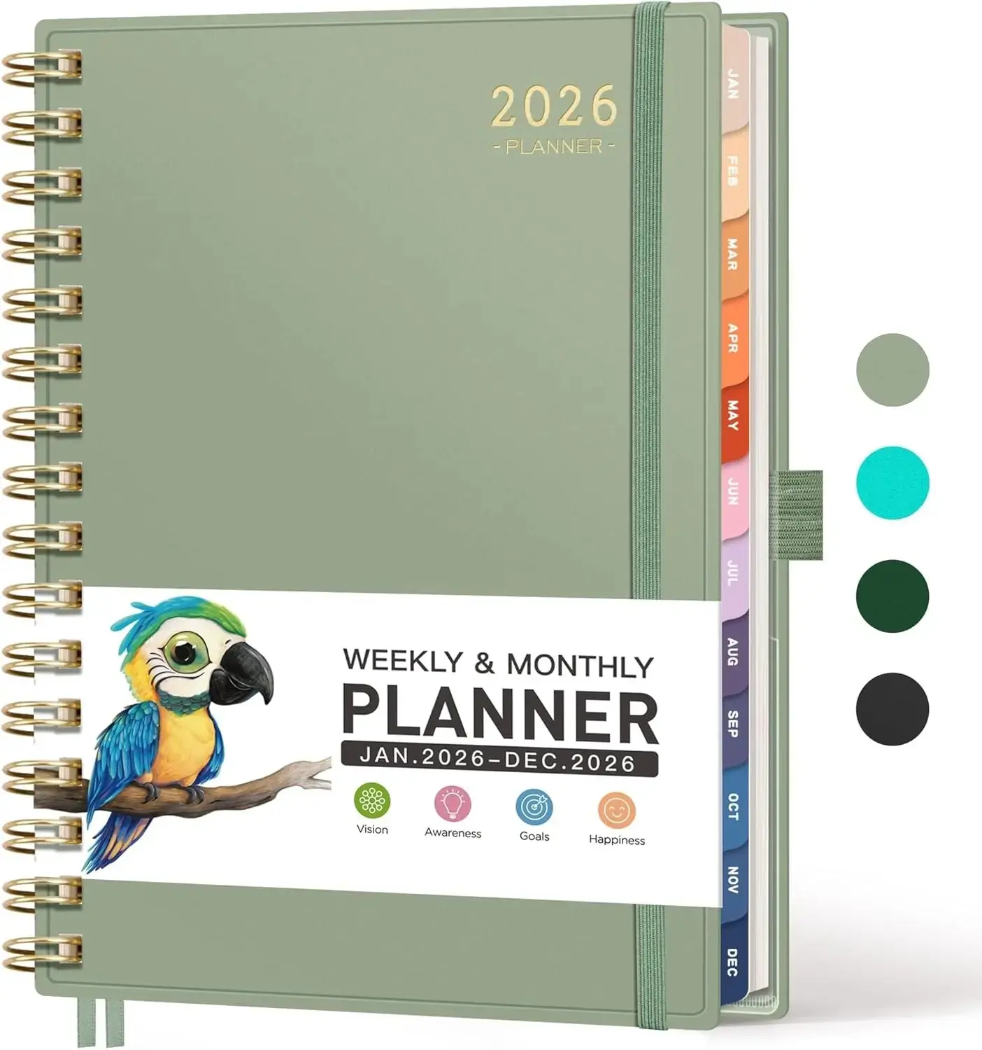 New Deal - 2026 Planner, Weekly and Monthly, Medium Size (5.7" x 8.3"), Jan - Dec 2026, Agenda, Calendar, 12 Month Tabs, Flexible Plastic Cover, 100 GSM Thick Paper, Spiral-bound (Light Green)