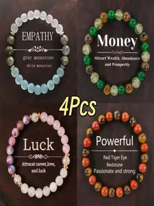 Bohemian Natural Crystal Bracelet Set, Moonstone Bracelet, Empathy, Money, Luck & Powerful Gemstone Jewelry, 4pcs, Women's Fashion Accessory