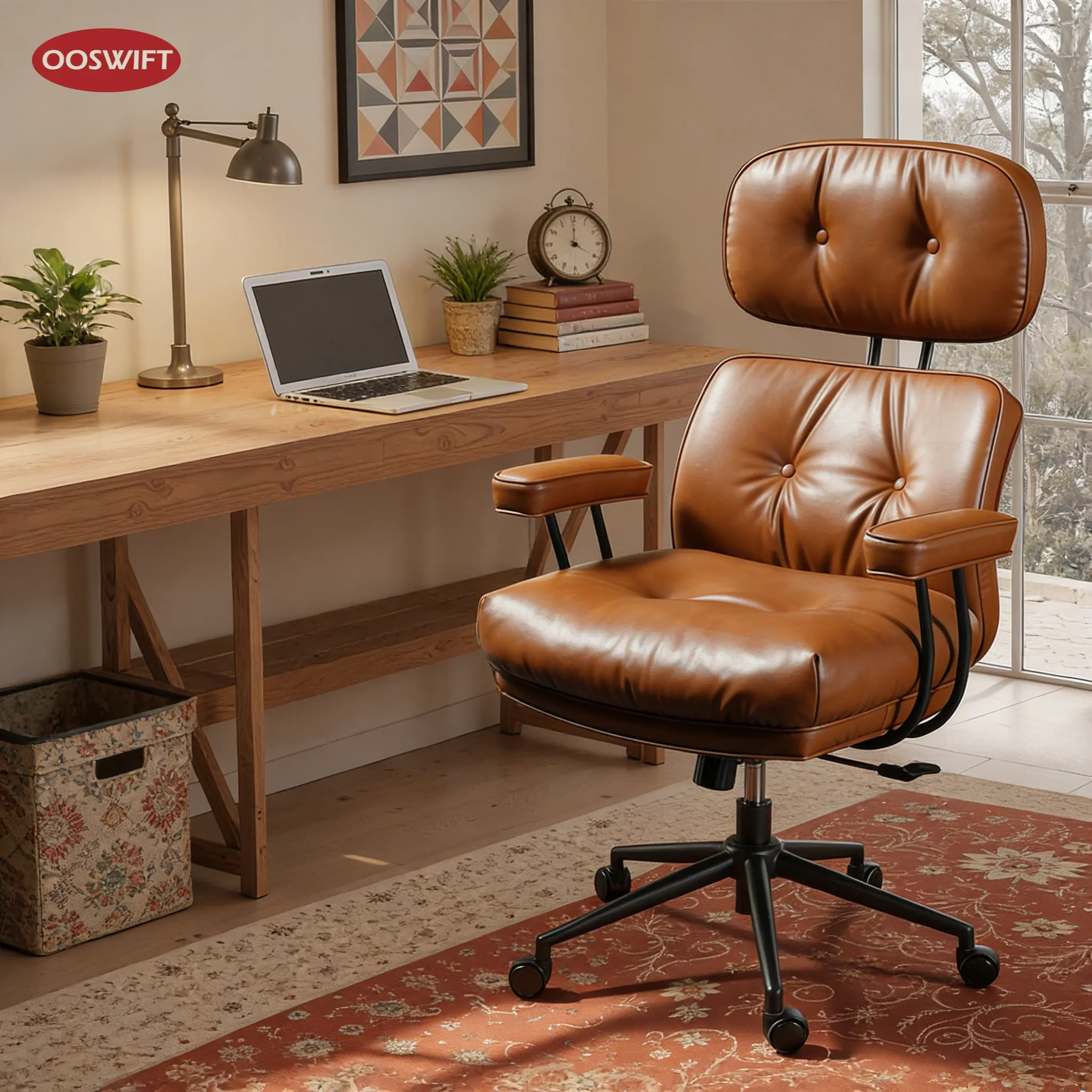 OOSWIFT  Home Office Chair, Mid-Century Modern Faux Leather Chair with Thickened Cushion, Adjustable Durable Comfort High Back Anti-Fatigue Swivel Rolling Executive Armchair Ergonomic