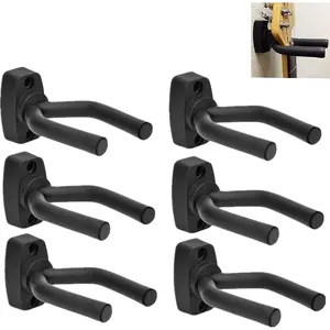 Guitar Wall Mount Hanger 6 Pack, Guitar Hanger Wall Hook Holder Stand Black Display with Screws - Easy to Install - Fits Guitars, Bass, Mandolin, Banjo, Ukulele