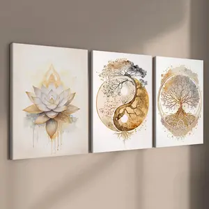 Wooden Framed Canvas Painting, 3 Counts/set Modern Art Floral Abstract Design Tree & Lotus Pattern Wall Decor, Wall Art for Home Living Room Bedroom Office, Ornaments, Art Wall Decoration