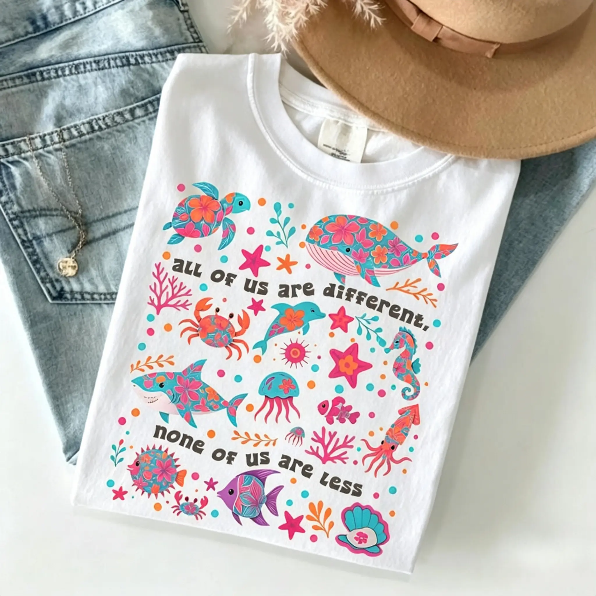 Autism Inclusion TShirt, All of Us Are Different Neurodivergent TShirt, Ocean Lover Summer Special Education Teacher Tee, Cute Crewneck