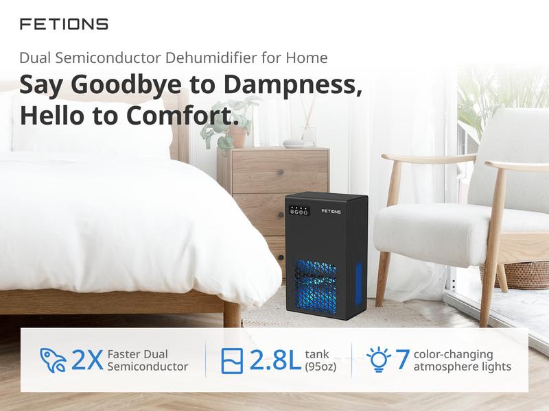 Fetions Portable Dehumidifier with 95oz Water Tank, High-Efficiency, 7 Customizable Colors, Includes Drain Hose, Ideal for Bathroom, Bedroom, Kitchen, Basement – Black