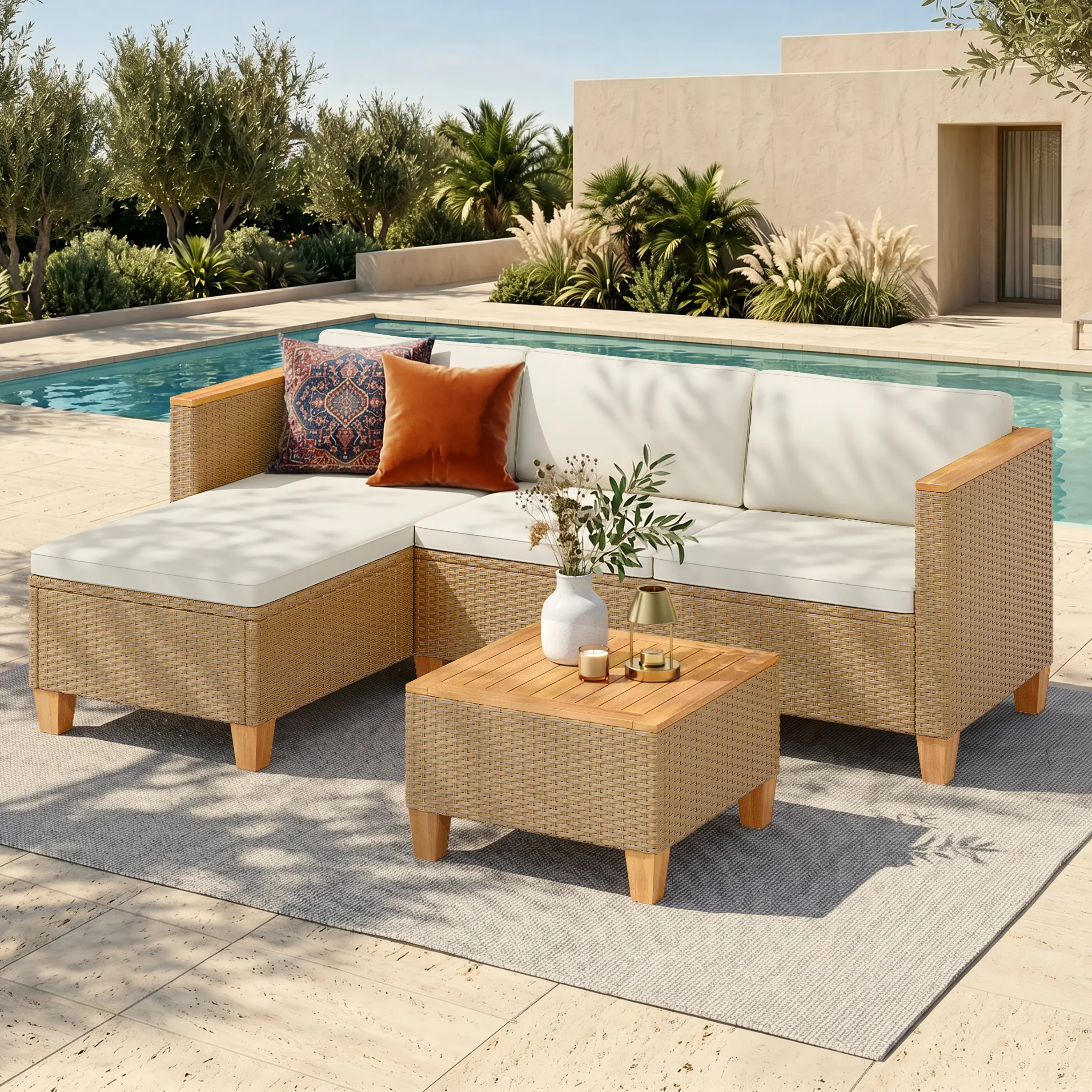 PHIVILLA 3 Seats Outdoor Patio Rattan Furniture Sofa Set with Acacia Wood Coffee Table, Thick Cushions Sofa Set for Balcony, Porch & Patio, Home Decor