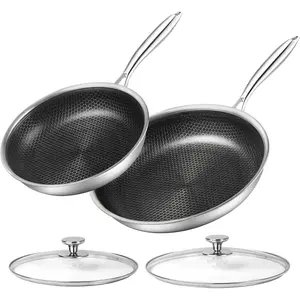 Stainless Steel Frying Pan Set with Lid 10" and 12" Nonstick Honeycomb Coatings Skillet Set 2 count W/Stay Cool Handle,Works Pan for Cooking with Induction Gas Stovetops