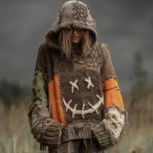 Autumn 3D Digital Printing Women's Hoodie Solid Color Simple Pattern Hooded Sweatshirt Halloween Face Patchwork Hoodie