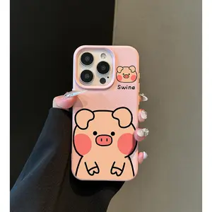 Cute piglet phone case suitable for Apple 16 Pro Max, iPhone 14 with lychee pattern, 13 mini cartoon, 12 shockproof