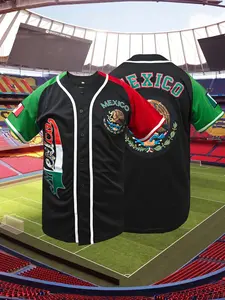 Men's Mexico Themed Embroidery Baseball Jersey, Breathable V Neck Short Sleeve Baseball Top, Loose Fit Breathable Sportswear, Unisex Design for Outdoor Sports All Seasons Wear, Sports Top