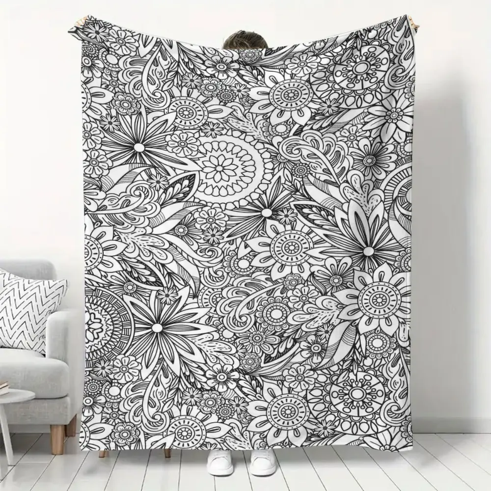 Black White Floral Mandala Coloring Book Style Blanket, Soft Flannel Throw Blanket with Boho Flower Paisley Doodle Print, Cozy Gift for Women Girls Teens and Art Lovers, Aesthetic Room Decor for Bed Couch Sofa Dorm, Lightweight Warm Blanket
