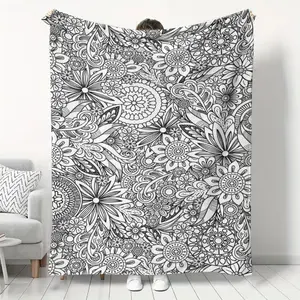 Black White Floral Mandala Coloring Book Style Blanket, Soft Flannel Throw Blanket with Boho Flower Paisley Doodle Print, Cozy Gift for Women Girls Teens and Art Lovers, Aesthetic Room Decor for Bed Couch Sofa Dorm, Lightweight Warm Blanket