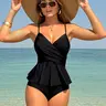 Women's Skirted Tankini Swim Dress Set - Cross-Front Wrap, Tummy Control Swimwear, Full Coverage, Hourglass Cut, Peplum Nylon Blend, Secure Boy Shorts, Classic Black, Elegant and Feminine for Instagram-Worthy Photos, Sports & Outdoor Use