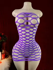 Sexy Lingerie Mesh Dress, Sleeveless Transparent Sheer Bodysuit, Hollow Out Design, Busty Back Detailing, Large Size Available