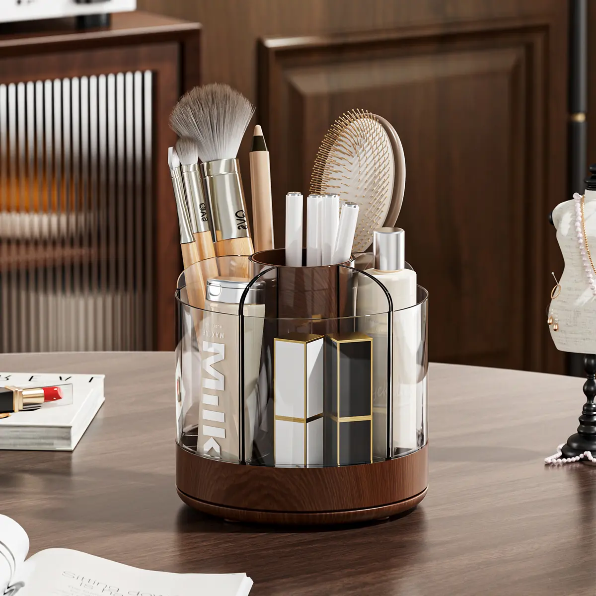 Vintage 360° Rotating Makeup Organizer Wood Grain Aesthetic Vanity Storage & Brush Holder